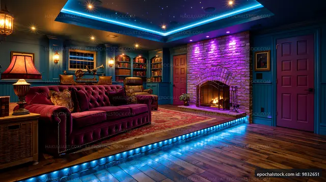 Cozy living room with color-changing lights and fireplace