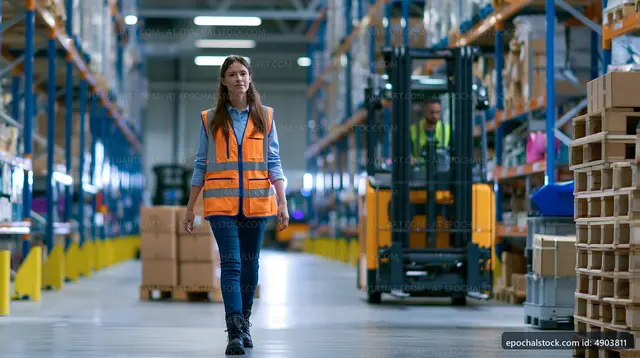 Warehouse worker in safety vest walking in storage area