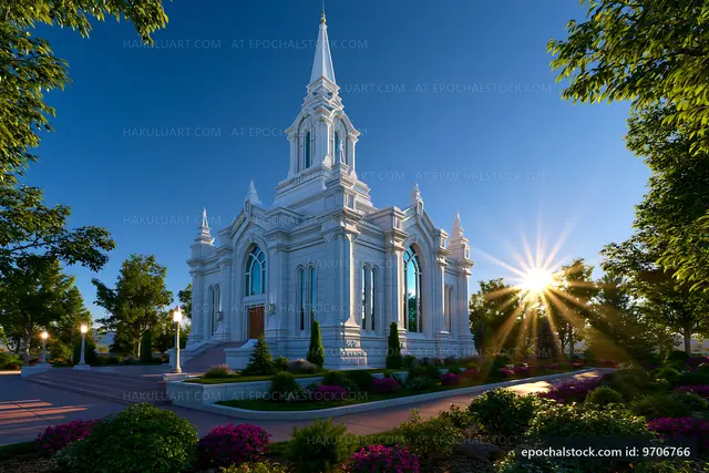 White church building with sunlight and trees in background
