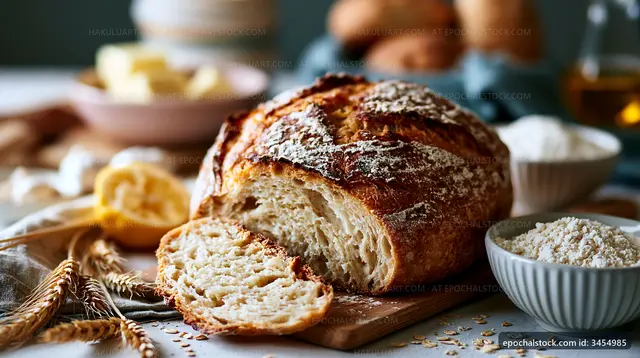 Freshly baked bread on a wooden board with ingredients
