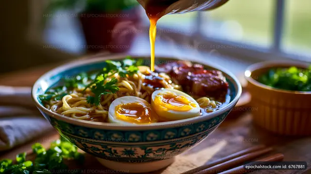 Noodles with eggs and broth served in a bowl on a wooden table