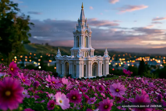 White building surrounded by pink flowers at sunset