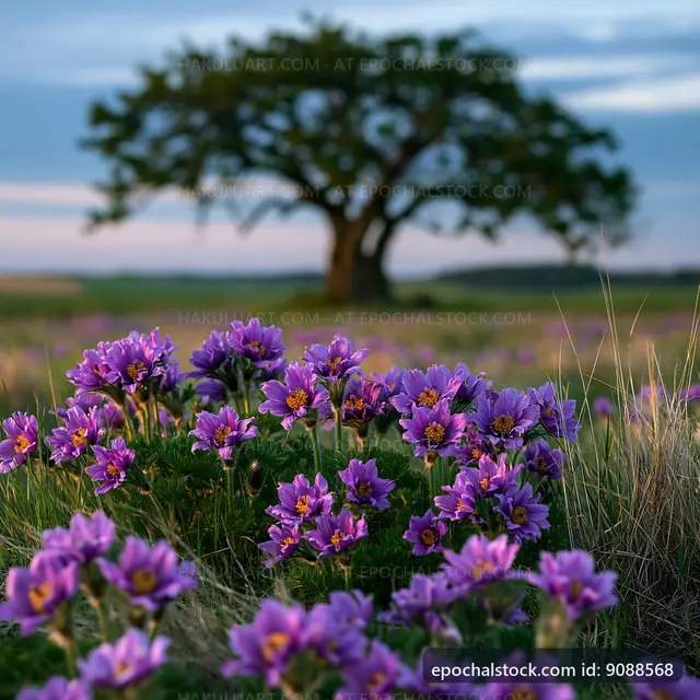 Purple flowers in a field with a tree at sunset