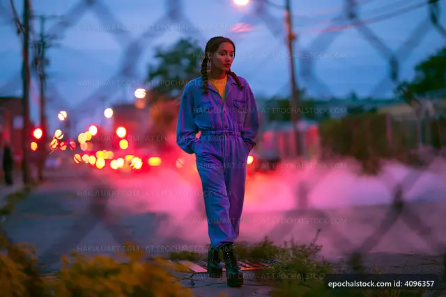Young woman walking on street at dusk with city lights in background