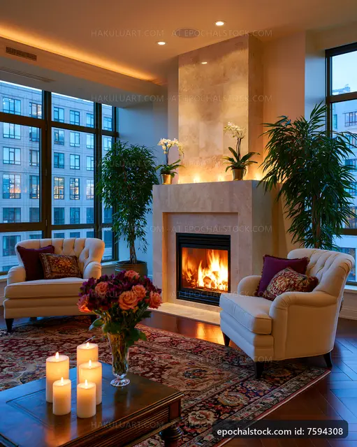 Cozy living room with fireplace and decorative plants