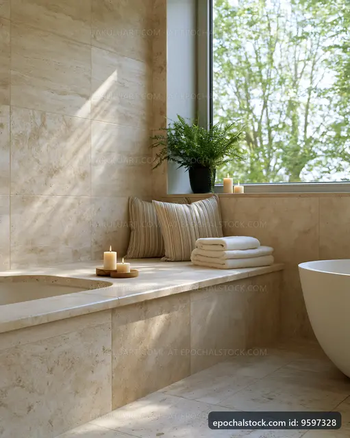 Modern bathroom with candles and plants by window
