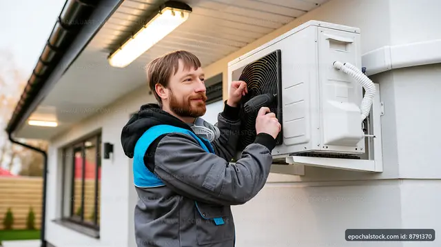 Tech installing outdoor AC unit in residential area