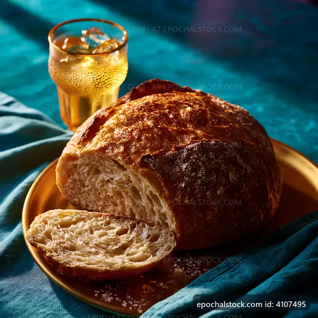 Rustic bread loaf on plate with drink in glass beside it
