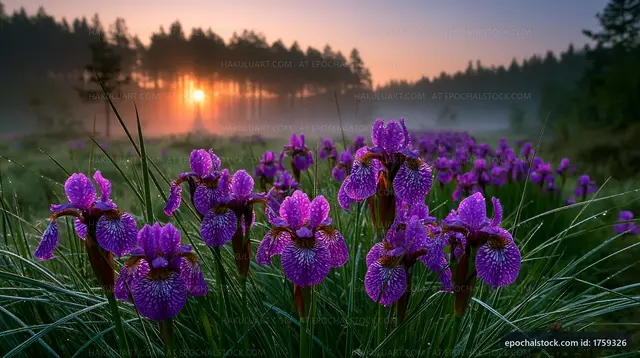 Purple flowers bloom in the morning light near a forest