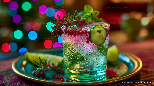 Festive cocktail with berries and cucumber on a holiday table