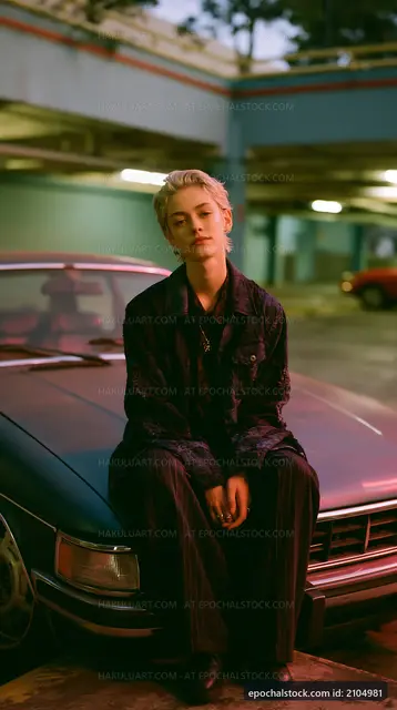 Young person sitting on the hood of a car in an urban setting