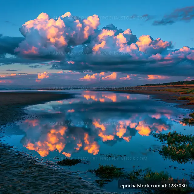 Sunset reflections on a beach with clouds and water