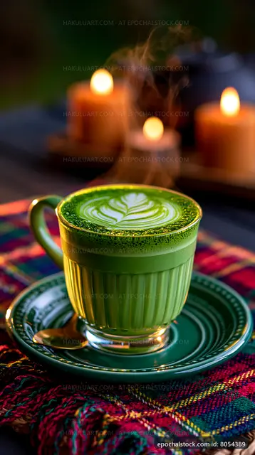 Cup of green tea with latte art and candles in the background