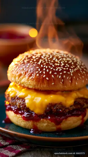 Melted cheese burger with barbecue sauce on a sesame bun