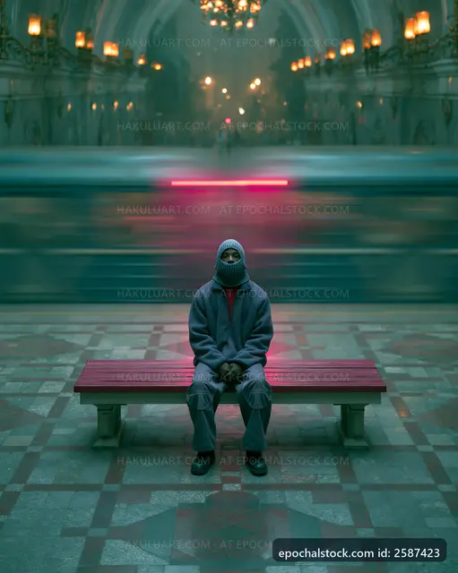 Person sitting on a bench in a subway station during night time
