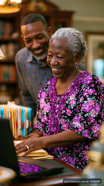 Couple looking at laptop while reviewing documents together