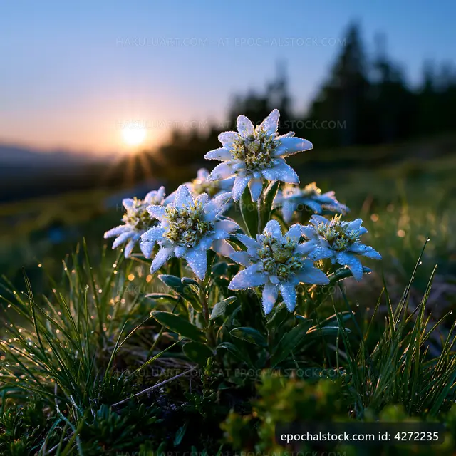 Edelweiss flowers bloom at sunrise in mountain landscape
