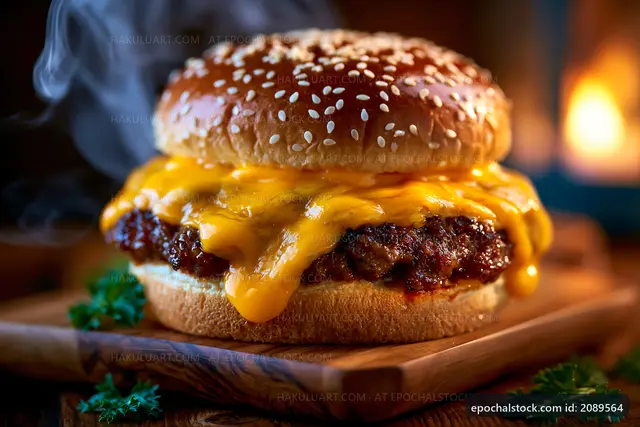Melted cheese burger on sesame seed bun served with garnish