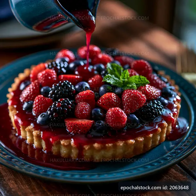 Berry tart with mixed fruits and sauce on a plate