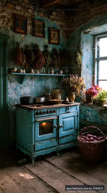 Rustic kitchen with blue stove and vintage decor