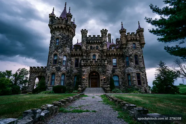 Stone castle with towers under a cloudy sky