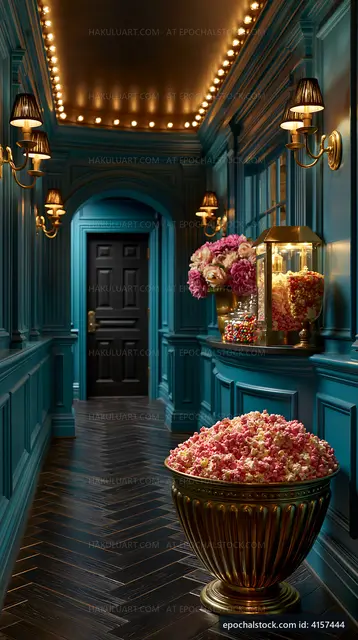 Colorful hallway with popcorn and flowers in a stylish setting