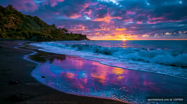 Colorful sunset over ocean with waves on the shore