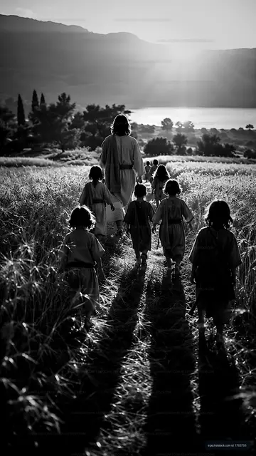 Walking through a field with children at sunset