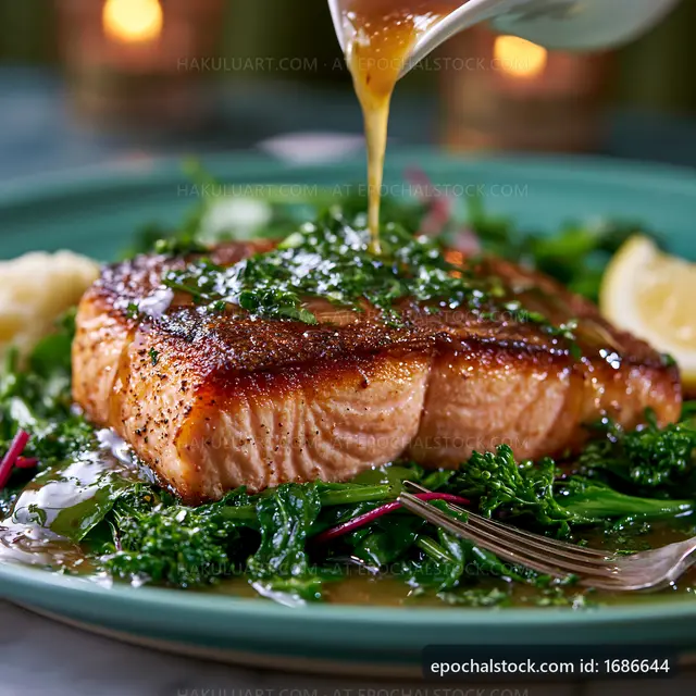 Grilled salmon with greens and sauce on a dining table