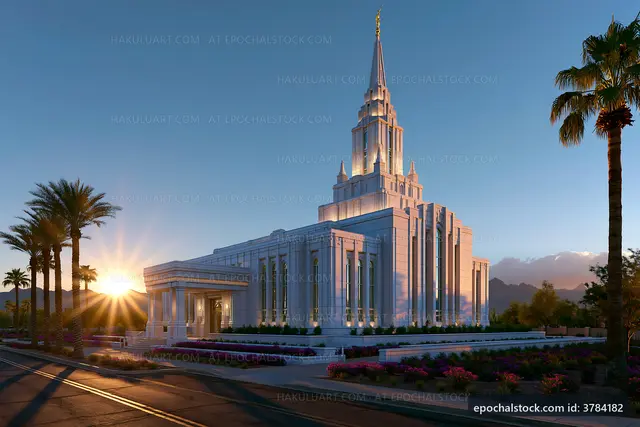 Modern temple with palm trees at sunset