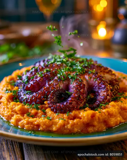 Grilled octopus on creamy puree served in a rustic setting