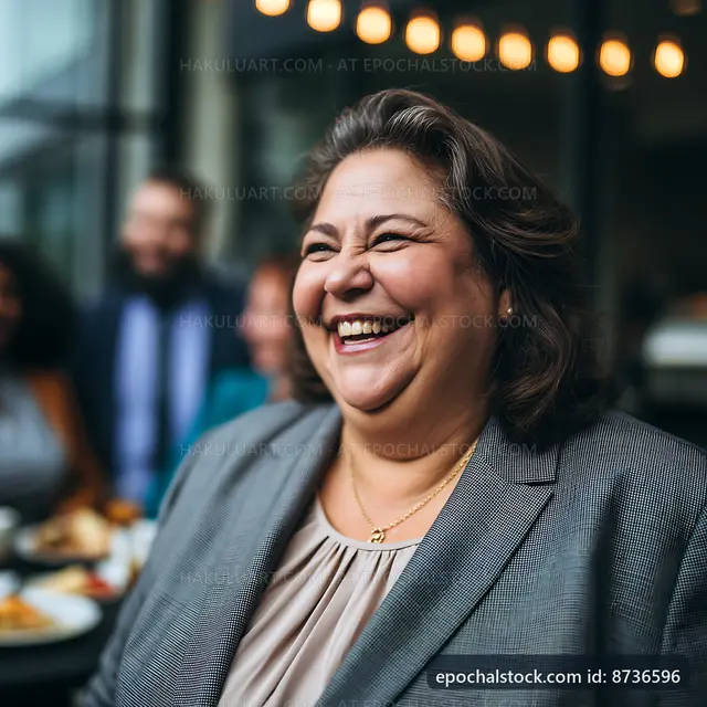 Smiling woman in a business suit at a social gathering