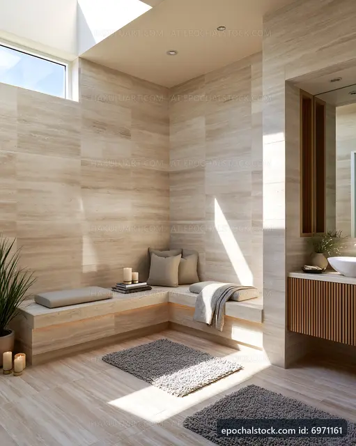 Modern bathroom with natural light and neutral tones