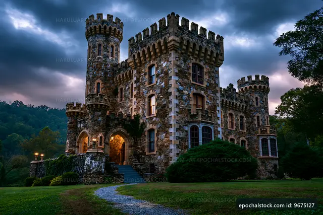 Old stone castle under a cloudy sky with trees and pathway