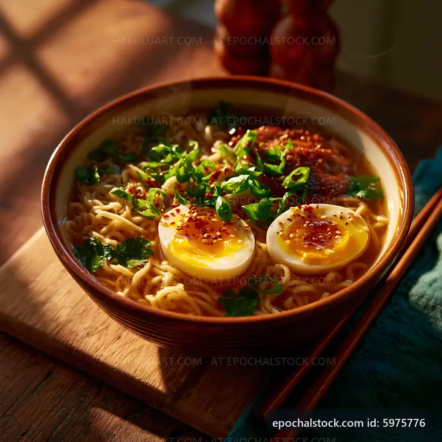 Bowl of noodles with eggs and herbs on wooden table