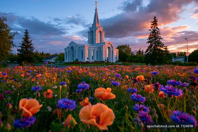 Colorful flowers in front of a church at sunset