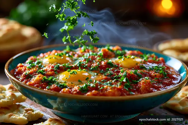 Spicy stew with eggs and herbs on wooden table