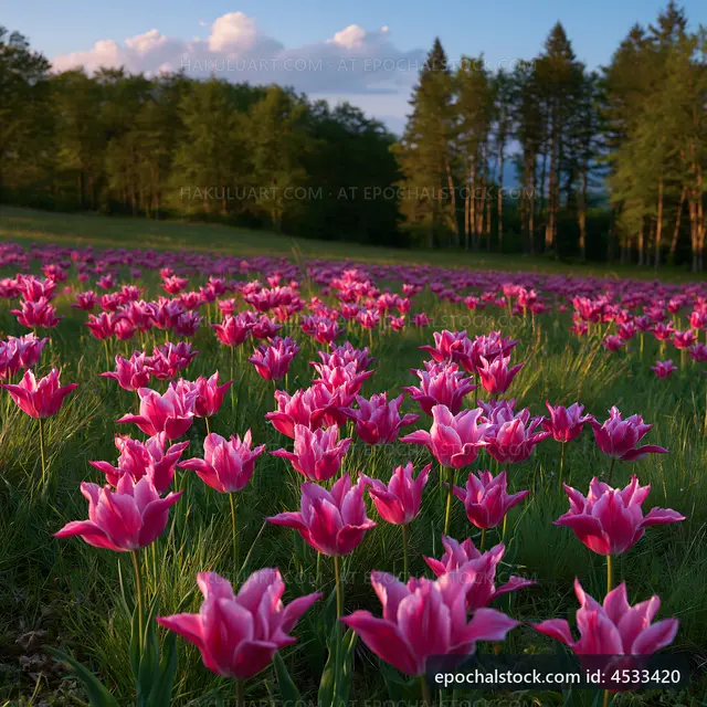 Pink tulips blooming in a field during sunset