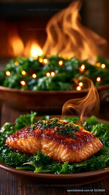 Grilled salmon served on greens with kitchen background
