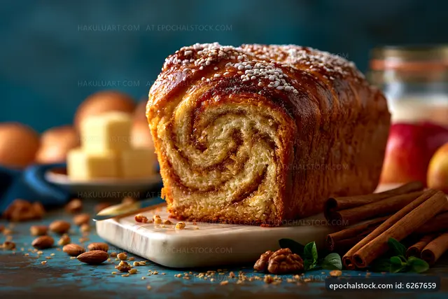 Freshly baked cinnamon swirl bread on a wooden board