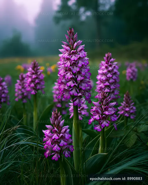 Purple orchids blooming in a foggy field during early morning