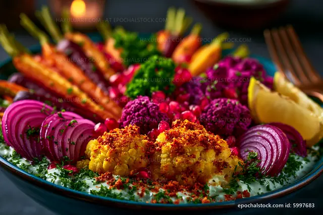 Colorful vegetable platter with pomegranate and yogurt dressing