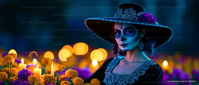 Woman in traditional dress with sugar skull makeup during celebration