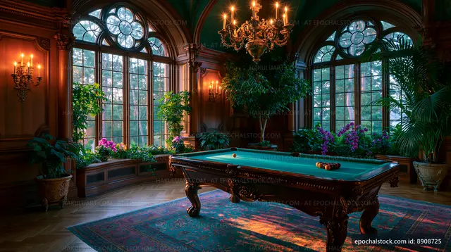Interior of a vintage room with a pool table and large windows