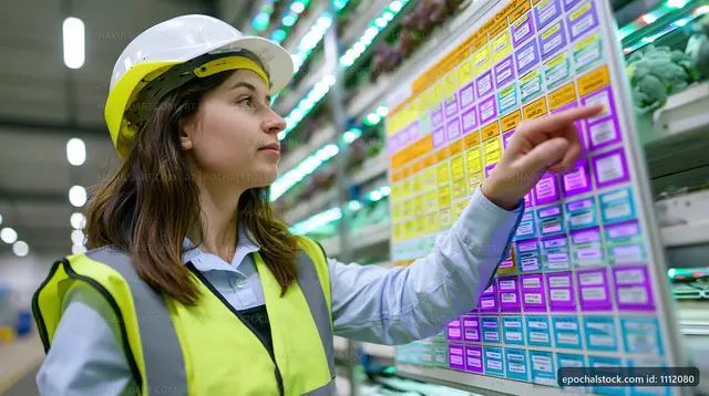 Woman in safety gear working in a warehouse with colored charts