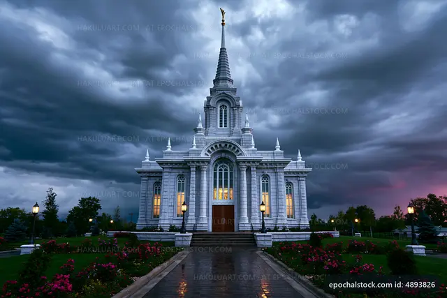 Cloudy sky over a large church with tall spire and bright windows