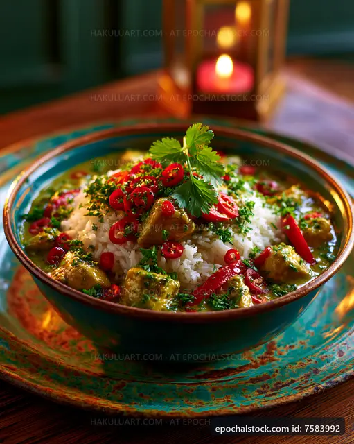 Delicious bowl of chicken curry with rice and herbs