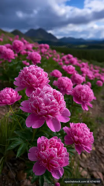 Vibrant pink peonies blooming in a mountainous landscape