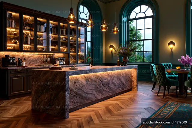 Modern kitchen with stylish decor and warm lighting in evening