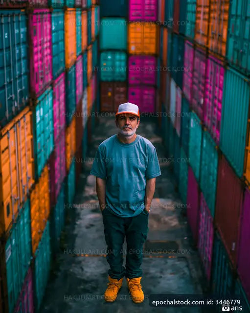 Man standing between colorful shipping containers